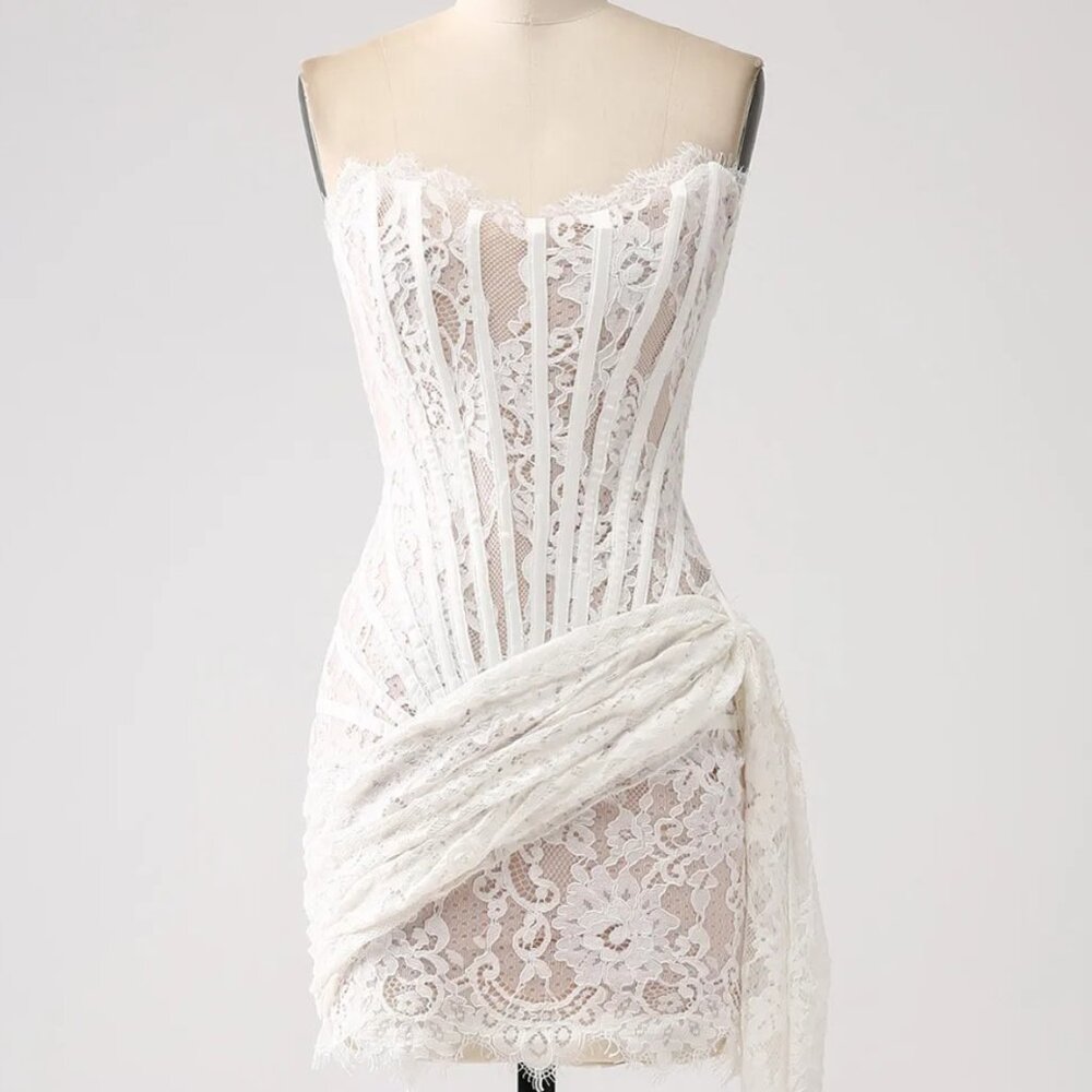 Classy Lace White Short Dress with Lace-up Back